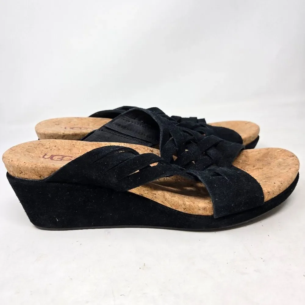 UGG Women's Lilah Black Weave‎ Cork Wedge Sandals Size 9